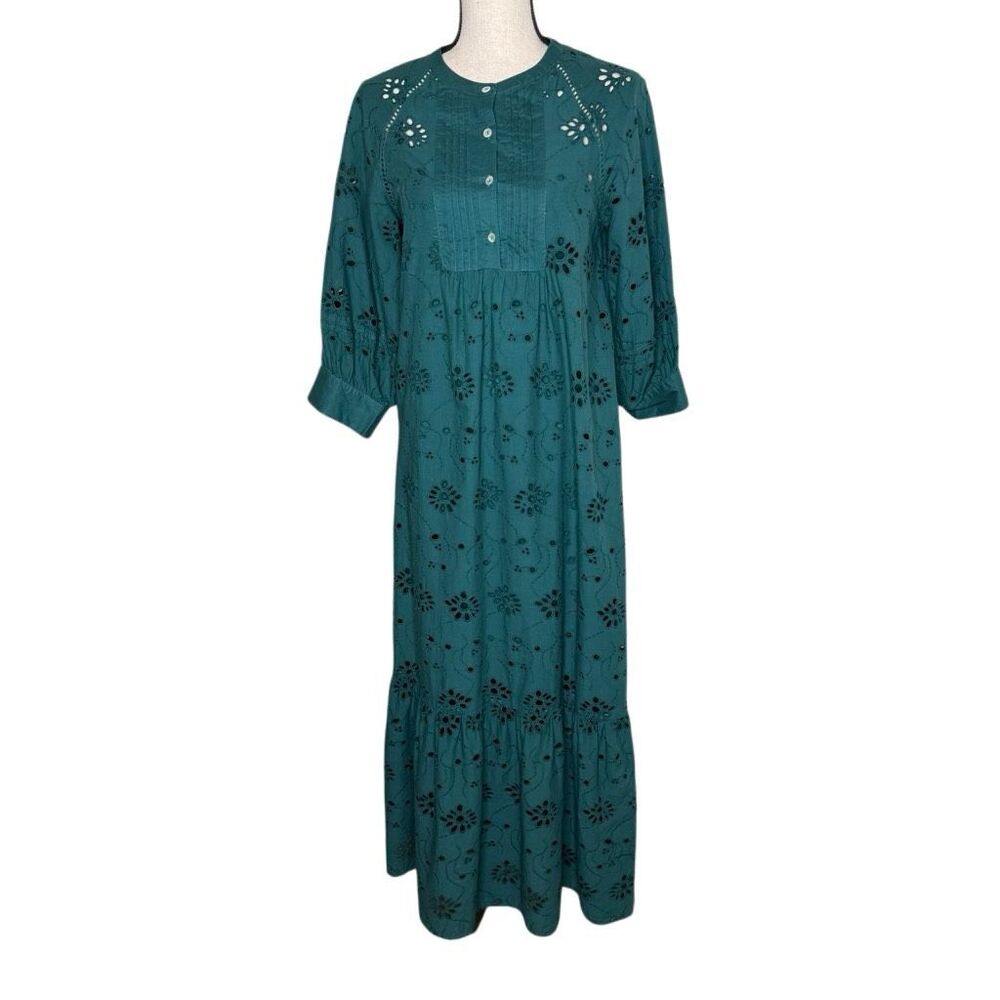 dRA Los Angeles Dress Dark Green Eyelet 3/4 Sleeve Maxi Size S Prairie, Peasant
